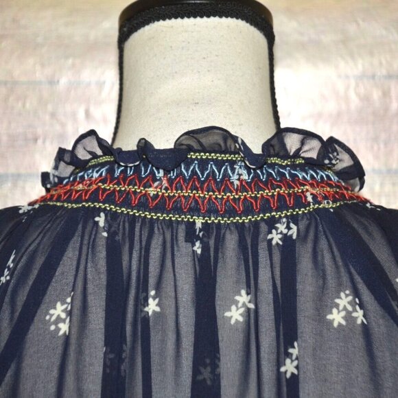 Cabi Sheer Blue Floral Long Sleeve Blouse Top Size S Tie Tassel Neckline Career - Picture 7 of 11